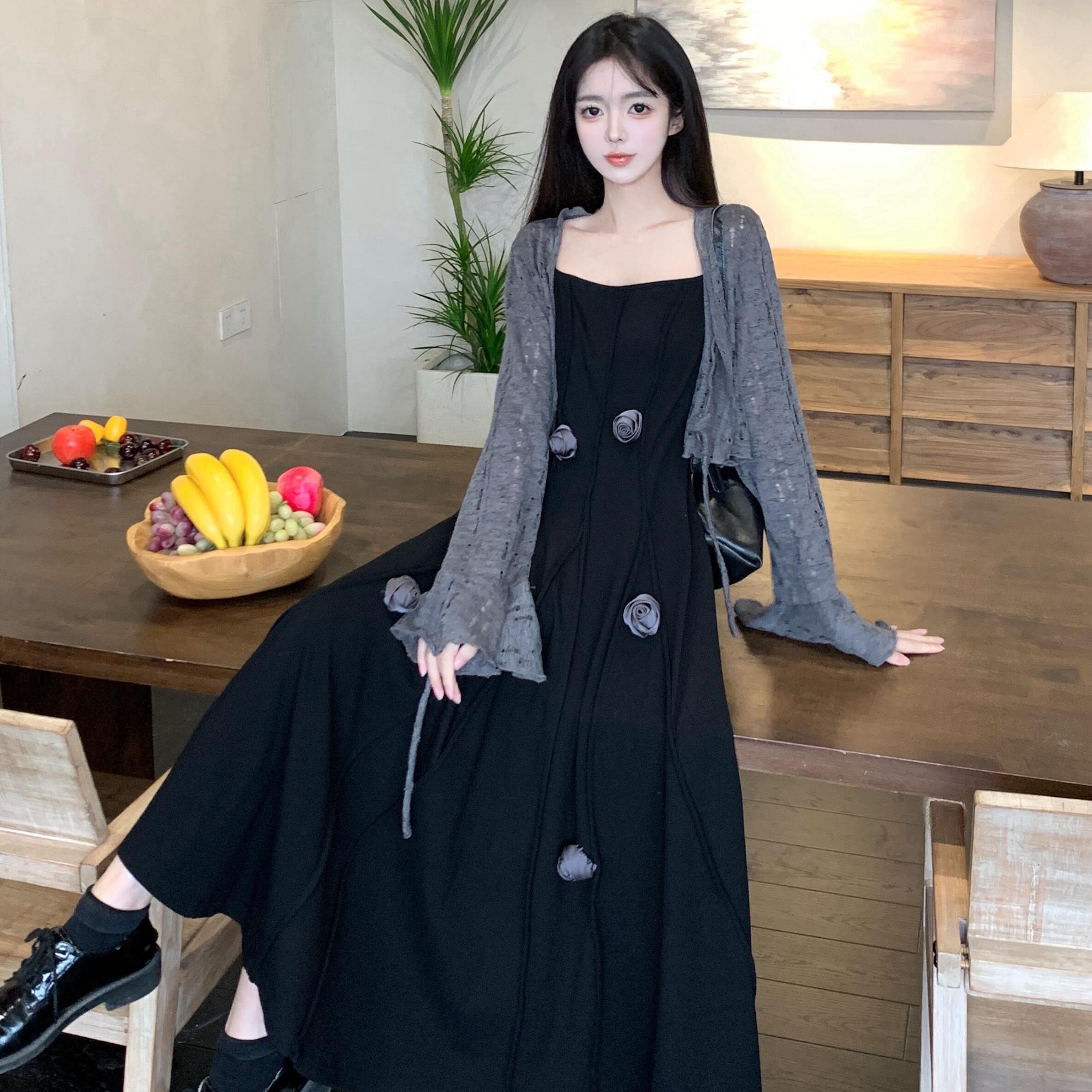 大码胖妹妹高级感法方领背心裙立体花朵设计高腰显瘦连衣裙+开衫