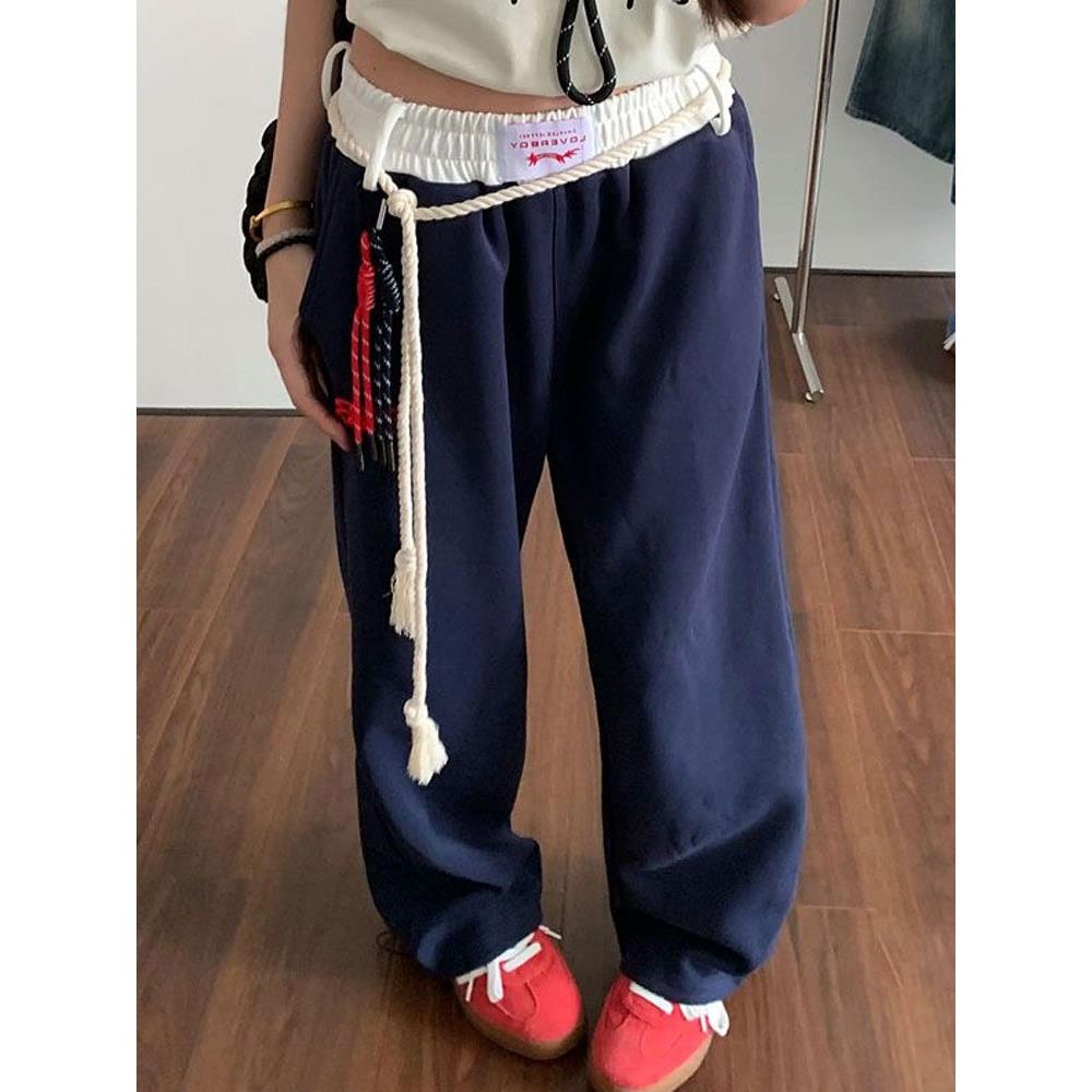 雪千羽藏青色休闲裤卫裤女春秋2025拼接直筒运动裤显瘦宽松阔腿裤