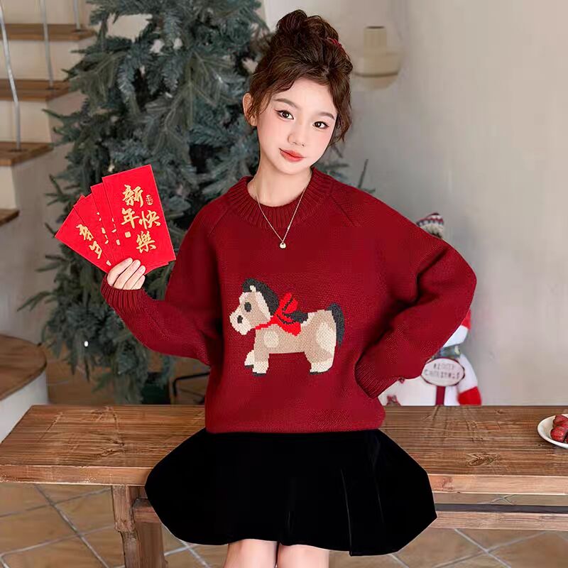 新年货男女童毛衣幸运小马2026冬新款中大童加厚百搭兄妹亲子装