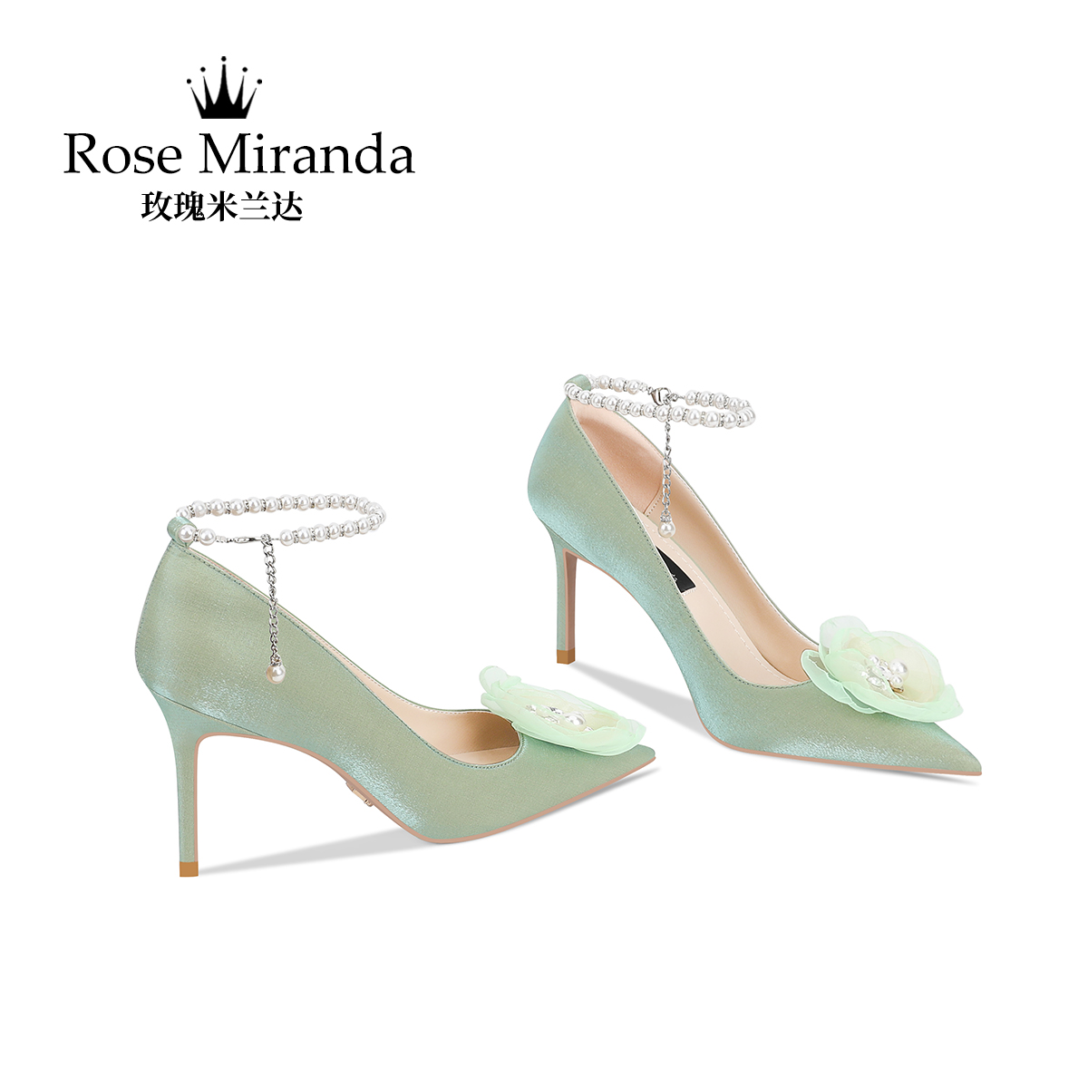 玫瑰米兰达RoseMiranda高跟鞋秋季一脚蹬花朵扣真丝百搭单鞋