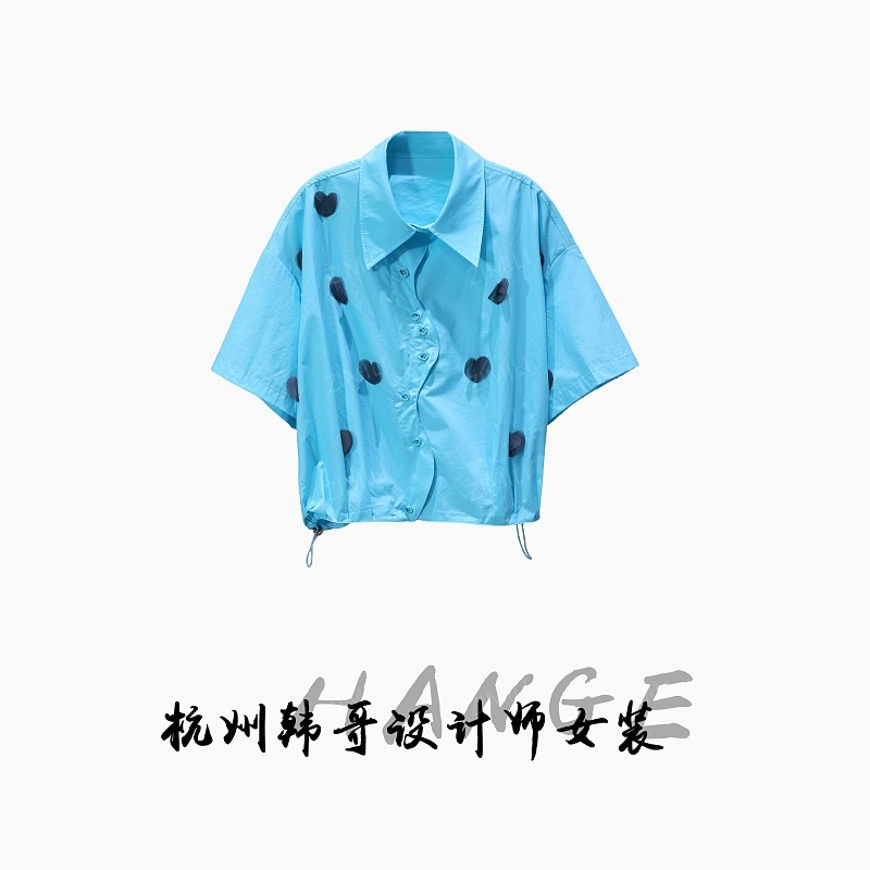【韩哥女装】2025欧版设计师青蓝色立体蝴蝶刺绣衬衫短袖9313-Z6