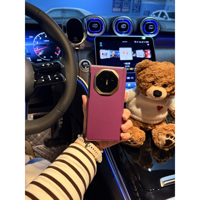 适用于华为MteXT/XTs三折叠 纯皮荔枝纹 双中轴手机壳 磨砂金边