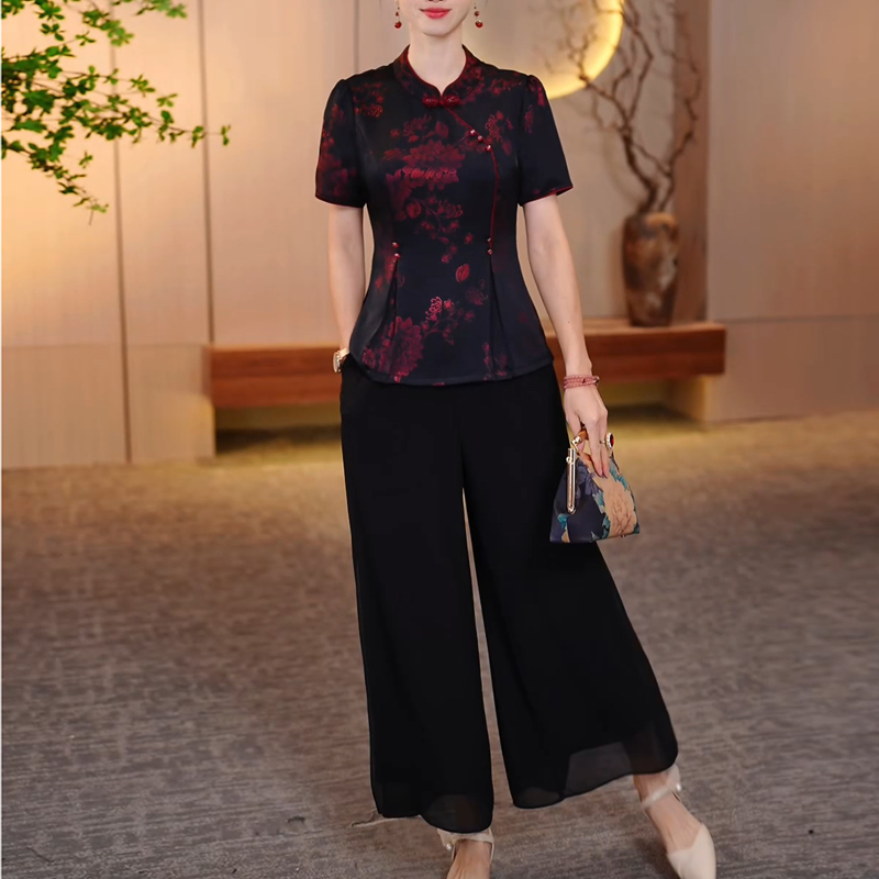 中式国风旗袍套装女夏季时尚贵夫人减龄妈妈阔太太洋气高贵两件套