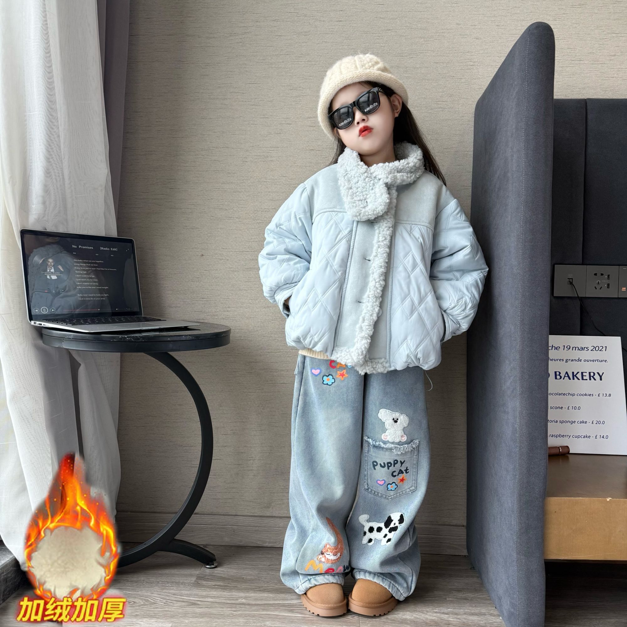 女童秋冬季洋气航线棉服外套中大童女孩加绒毛巾绣阔腿裤直筒裤潮