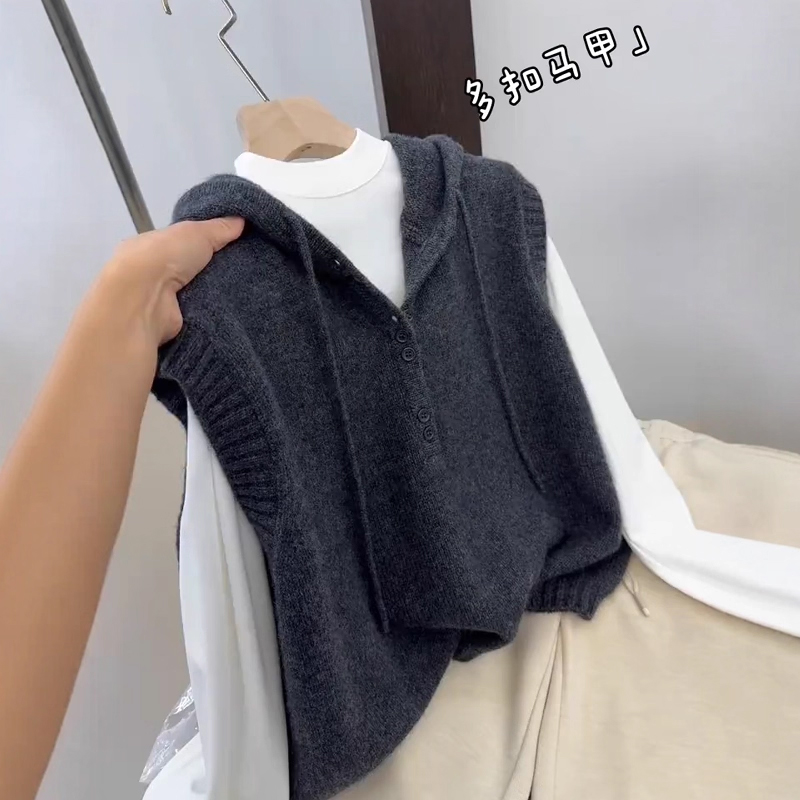 大码巨好看针织连帽马甲女秋季胖MM韩系宽松显瘦无袖毛衣背心上衣