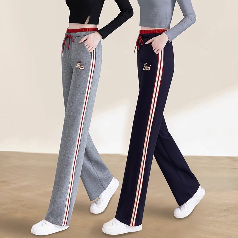 灰色休闲裤女2025春季新款高腰宽松卫裤条纹显瘦松紧腰直筒阔腿裤