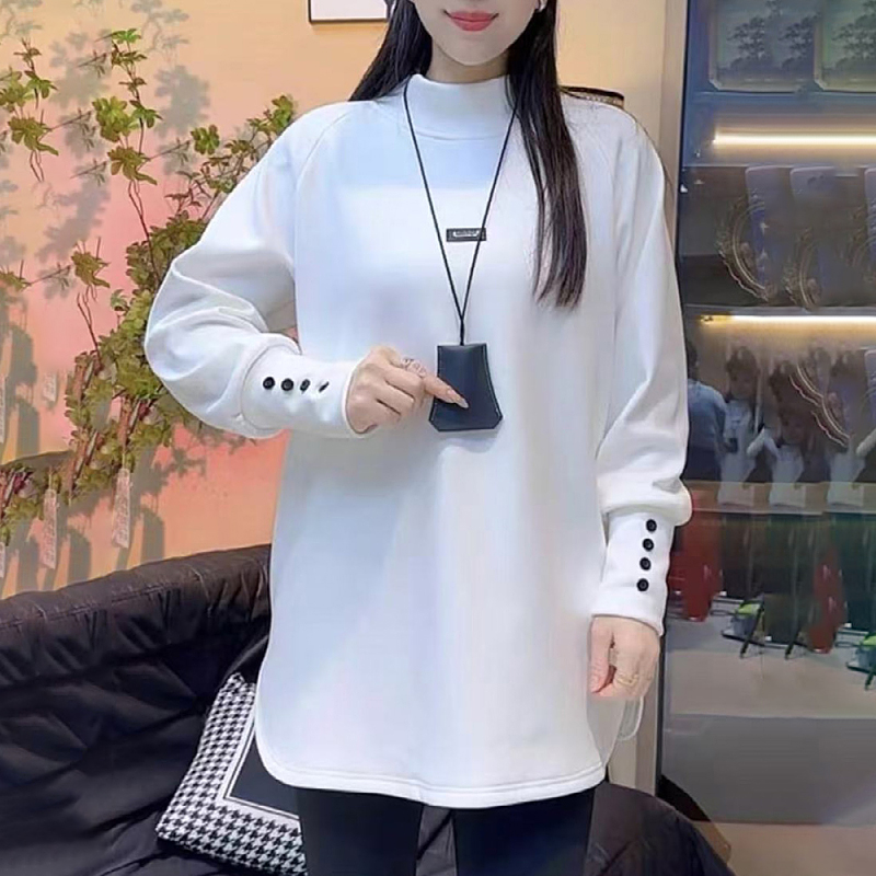 大码中长款纯色棉质长袖T恤女2025秋季胖mm宽松慵懒内搭打底上衣