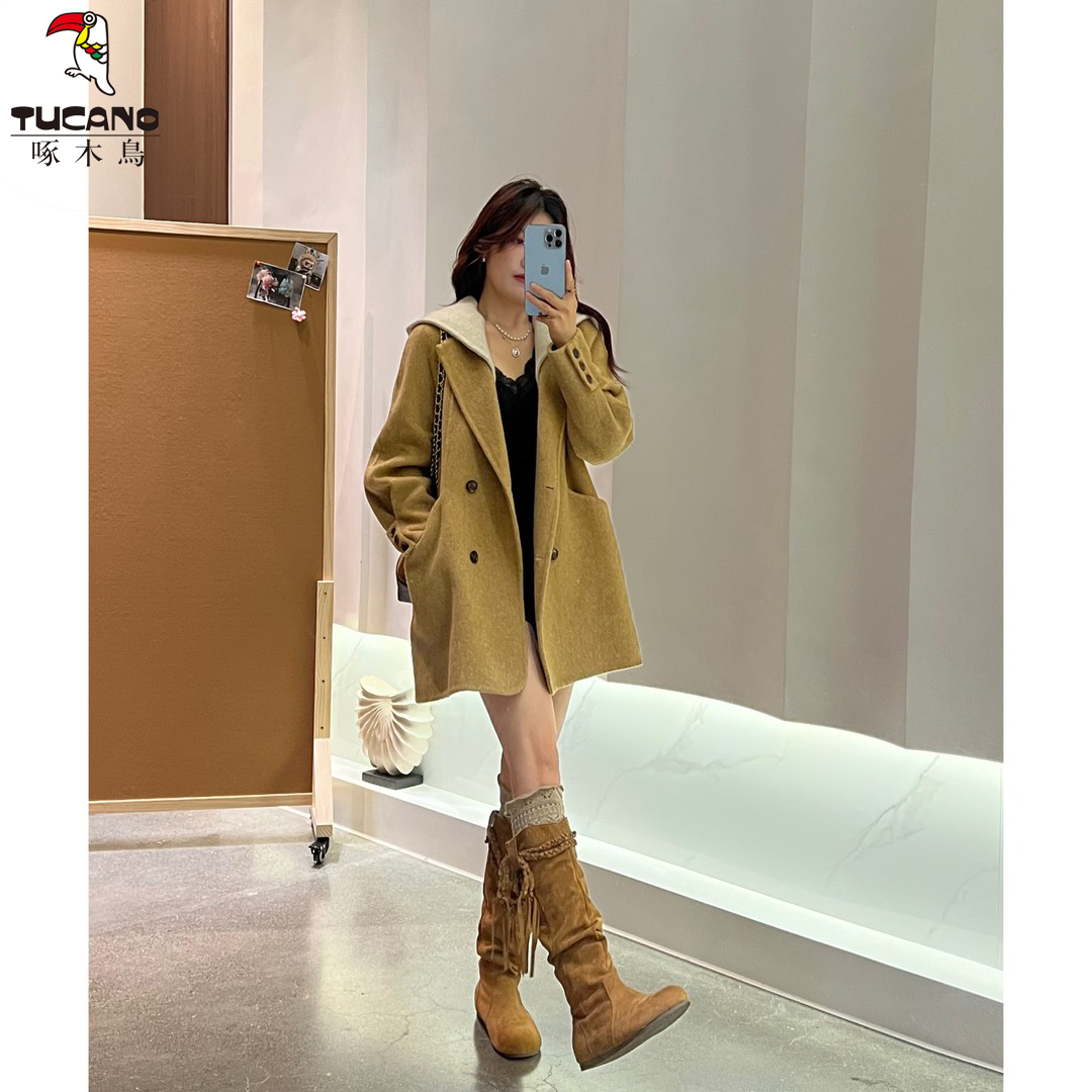 啄木鸟拼接撞色连帽双面呢子大衣2025秋冬秋冬韩版连帽中长呢外套