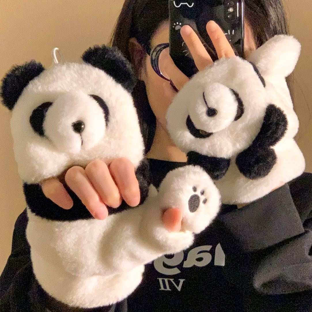 可爱卡通熊猫毛绒手套女冬天骑行毛茸茸保暖御寒学生百搭翻盖手套