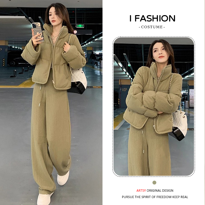 深冬穿搭时尚一整套女2025年新款高级感减龄加厚棉服阔腿裤两件套