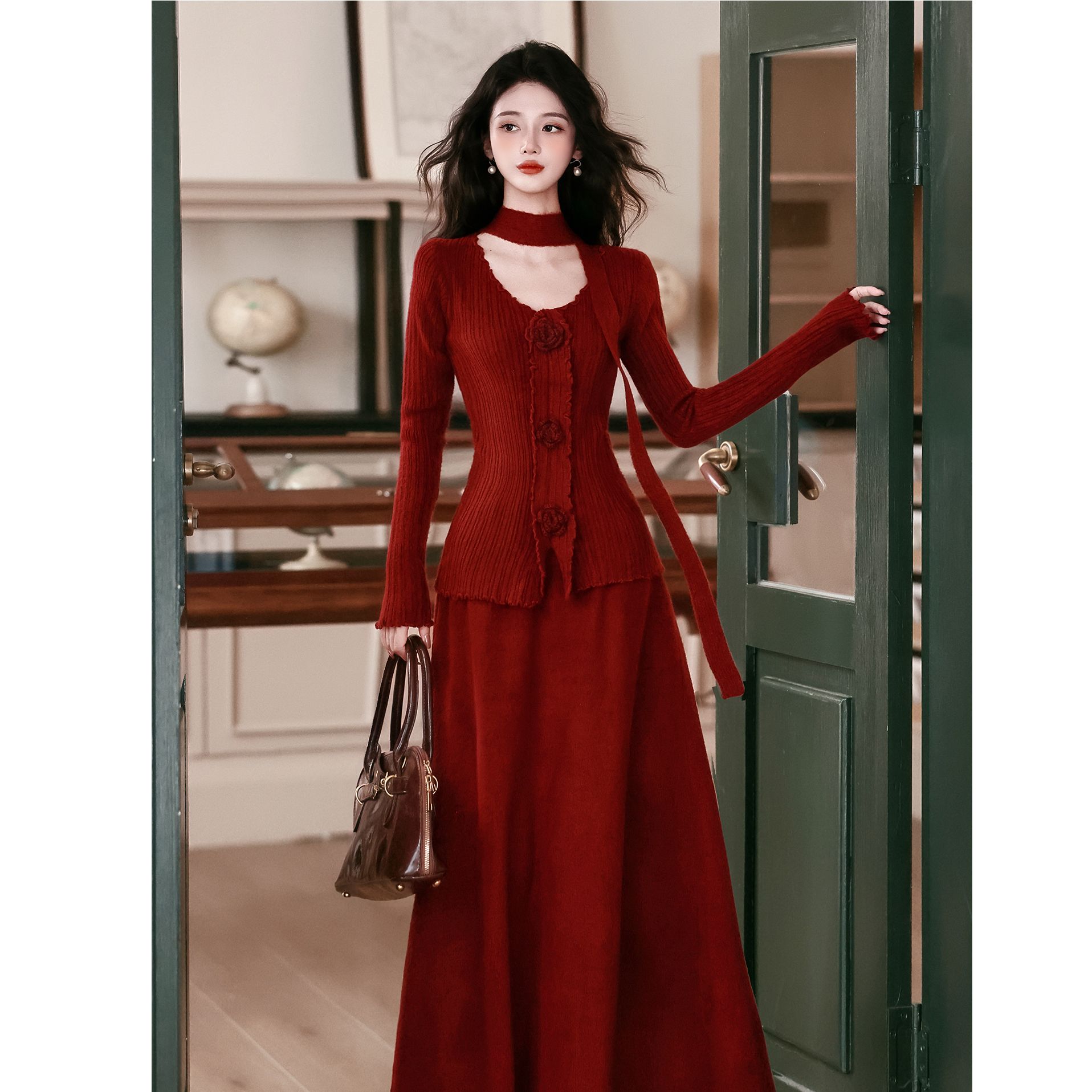 复古法式花朵毛衣针织修身上衣搭配半身裙两件套秋冬红色喜庆套装