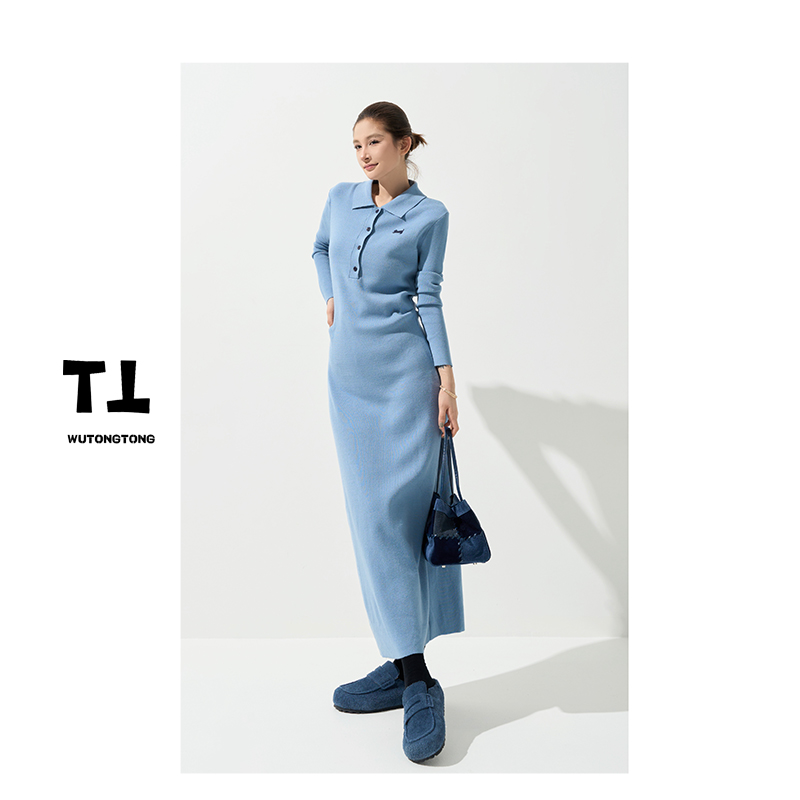 现货【美人鱼泪】冬季翻领刺绣净版毛衣裙女过膝长款连衣裙62909