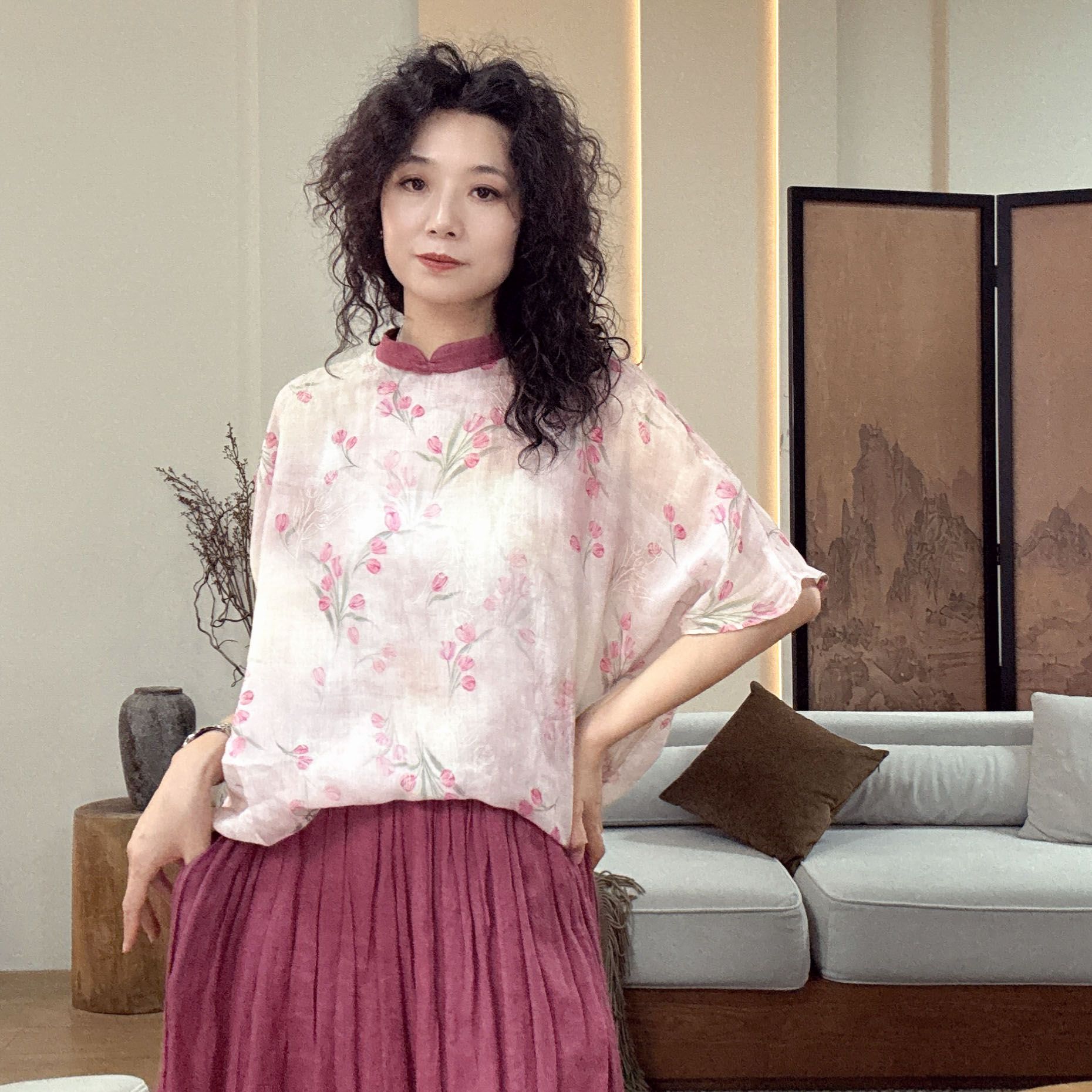 夏季新款立领苎麻印花气质田园风短袖衬衫宽松国风拼接渐变衬衣