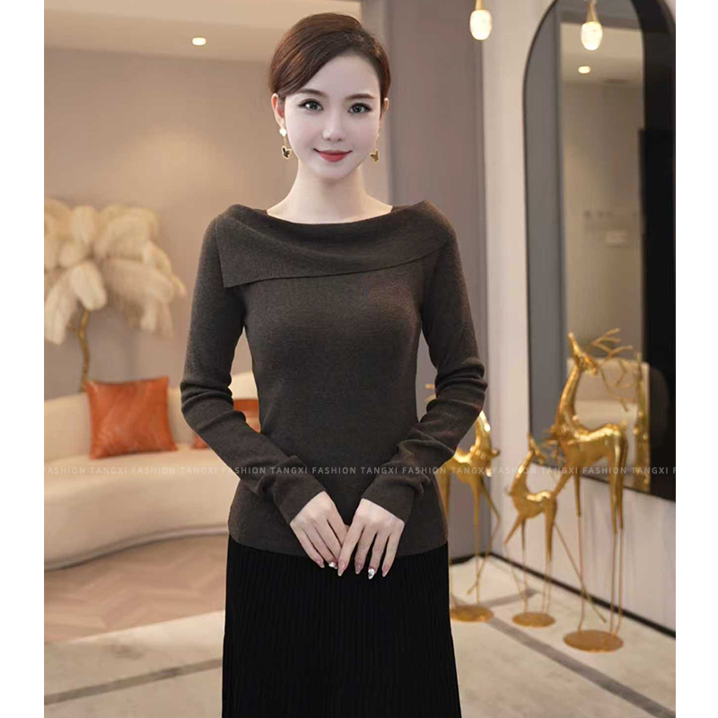 2025秋冬新款【TN2670】含绵羊毛套头法式斜领设计咖色针织衫毛衣女