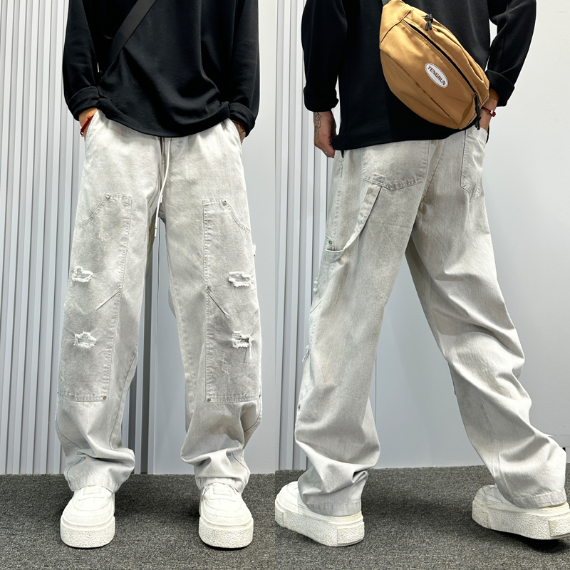美式潮牌刮烂补丁水洗牛仔裤男秋季新款宽松直筒裤痞帅高街男裤子