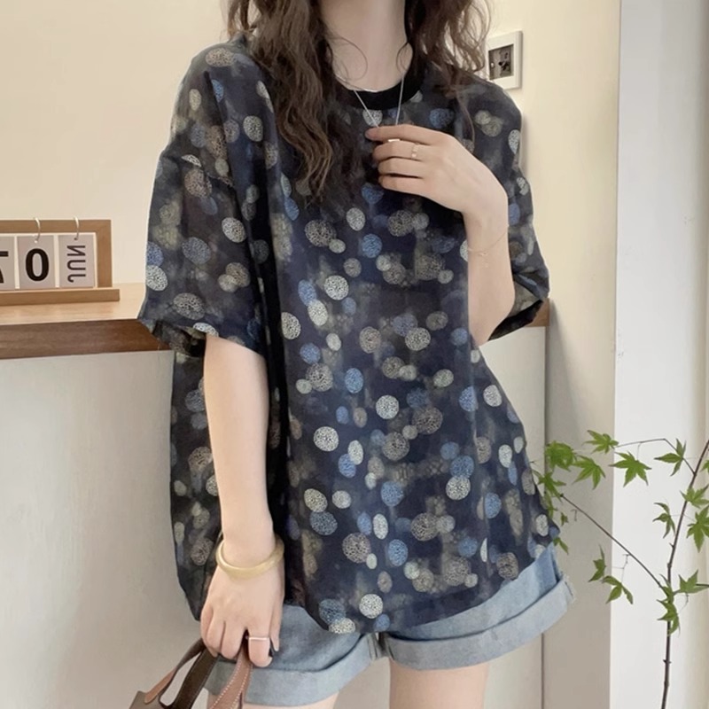 大码女装遮肚子设计感撞色波点雪纺衫夏季胖妹妹宽松显瘦薄款上衣