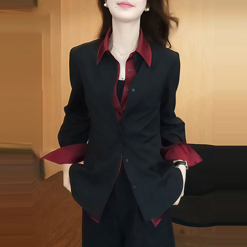 7203韩系撞色假两件拼接衬衫女装新款独特好看衬衣