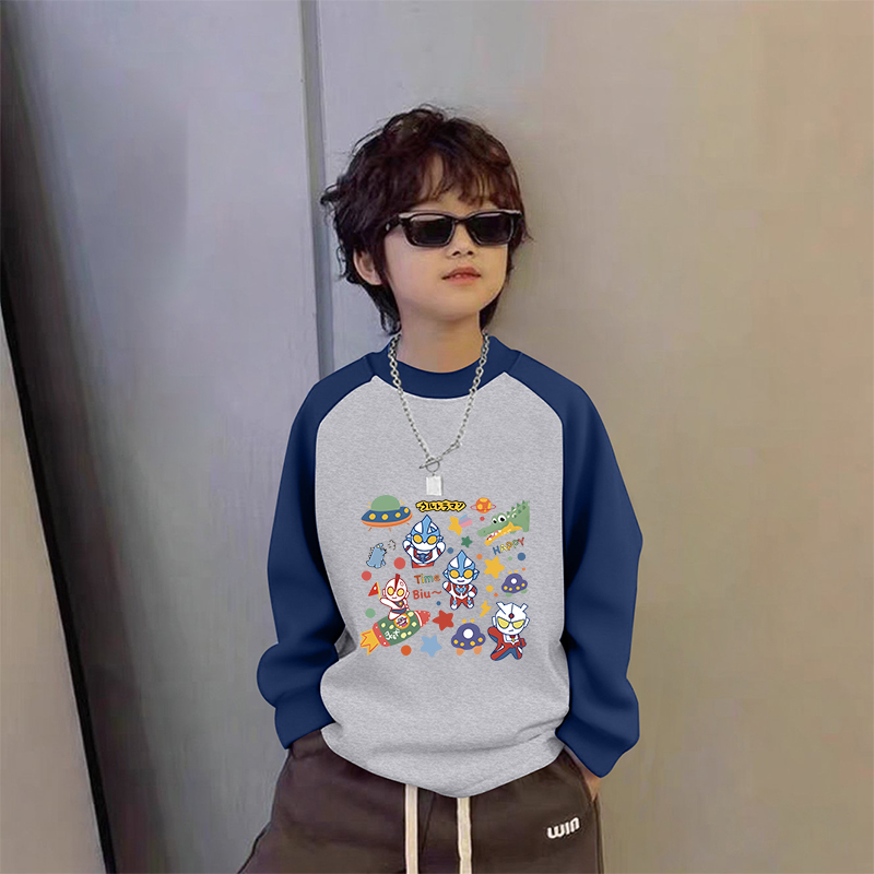 奥特曼男童撞色卫衣中大童圆领新款卡通秋冬季上衣儿童休闲百搭潮