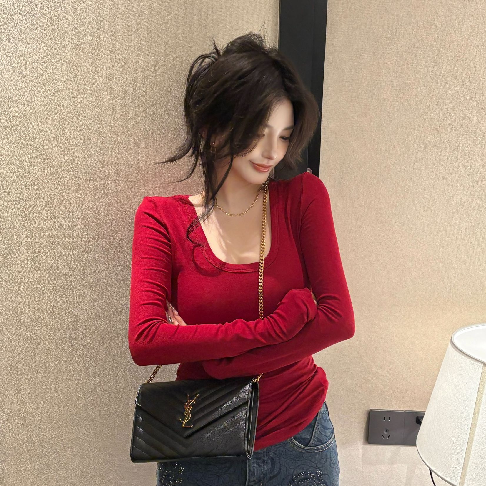 GUIDI GUDI【花雾】天丝羊毛舒适圆领休闲长袖T恤上衣/黄加蓝