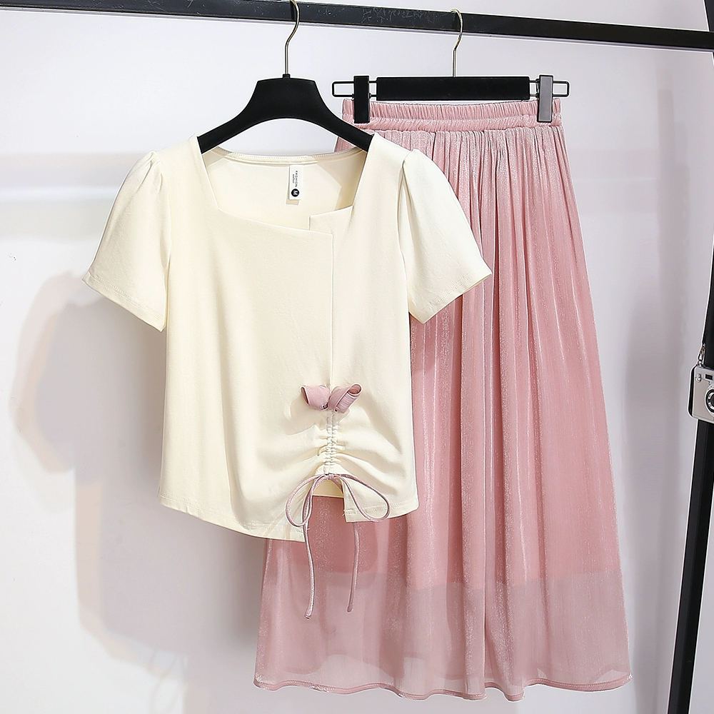 拉夏贝尔多巴胺短袖配网纱半身裙女2025新款休闲时尚穿搭两件套装