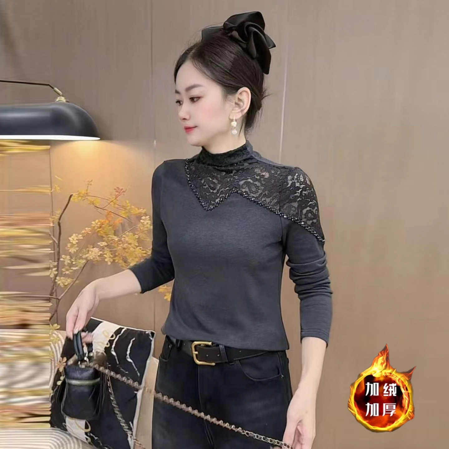 时尚半高领加绒打底衫T2025秋冬款洋气修身内搭韩版蕾丝拼接上衣