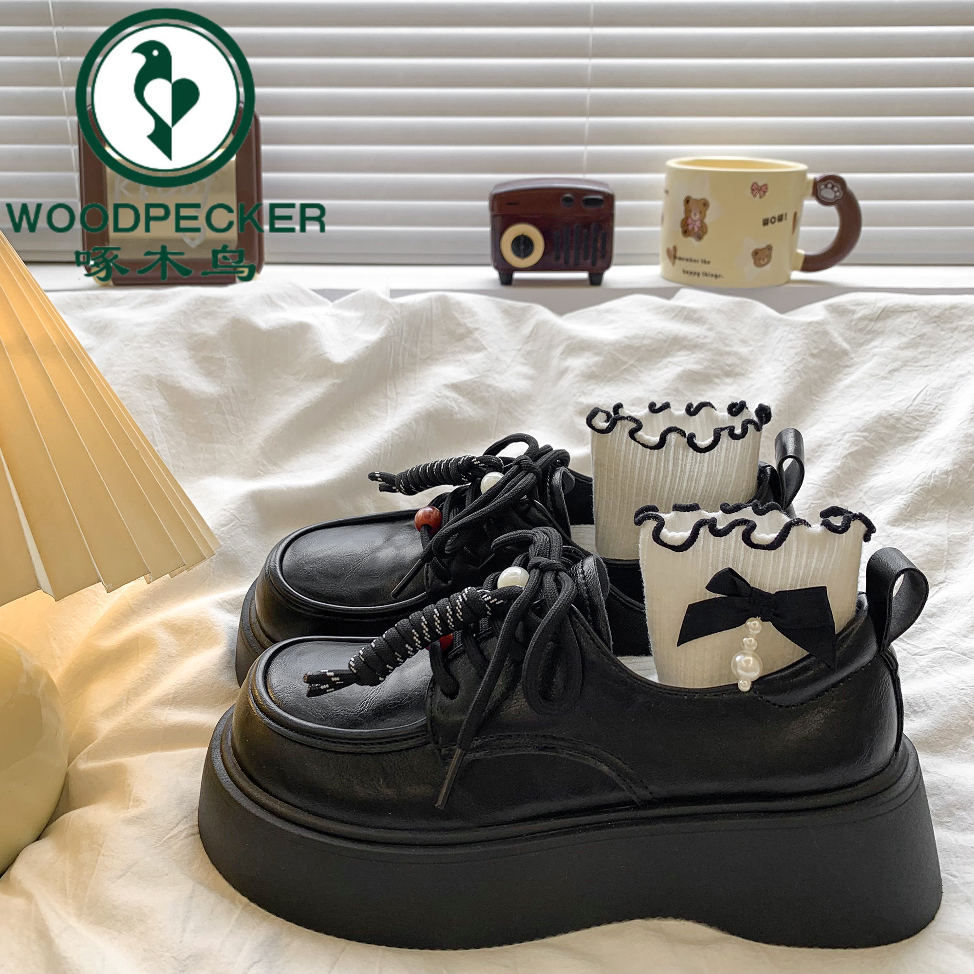 啄木鸟松糕厚底系带小皮鞋女2025秋季新款复古英伦风通勤乐福鞋女