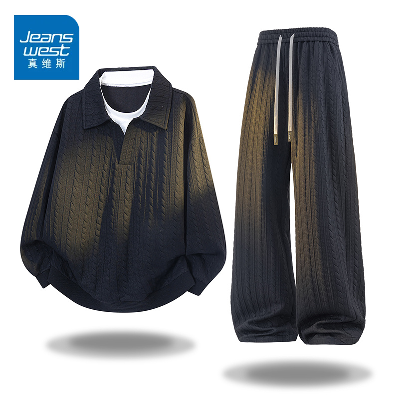 真维斯肌理感套装秋季宽松男士重磅提花卫衣两件套高级感大码男装