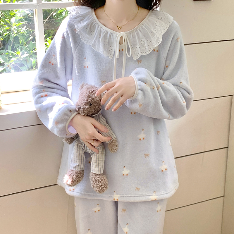 秋冬新款加绒加厚珊瑚绒长袖睡衣女甜美可爱保暖法兰绒套装家居服