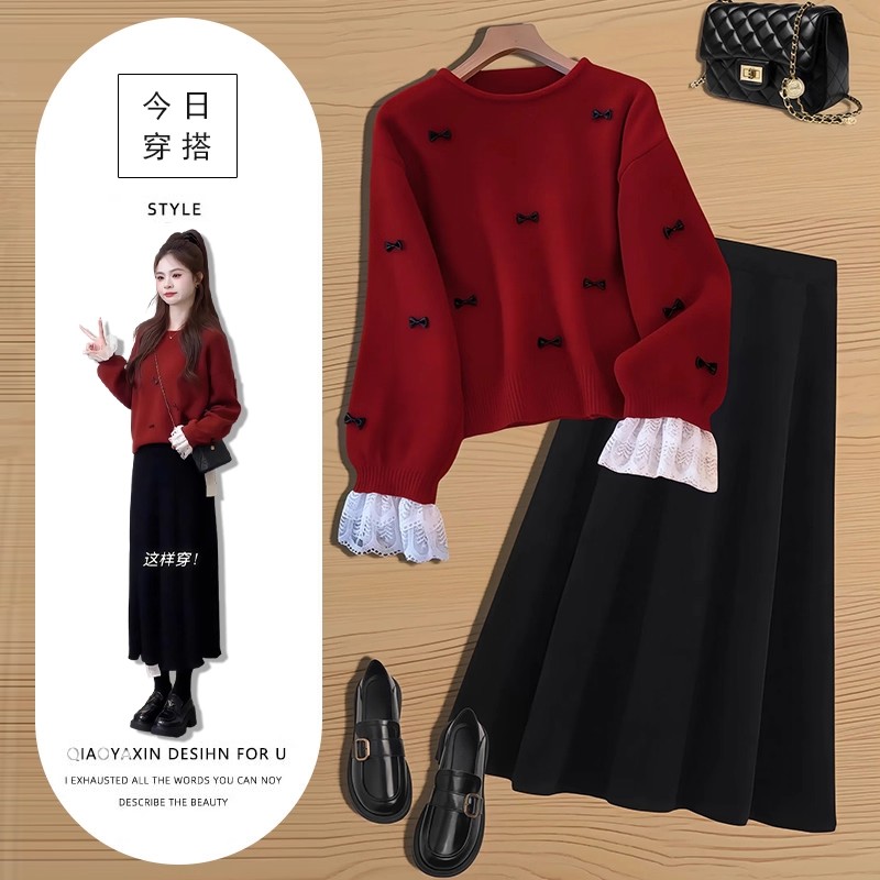 甜美日系两件套女设计感别致蝴蝶结蕾丝拼接针织毛衣黑色半身裙潮