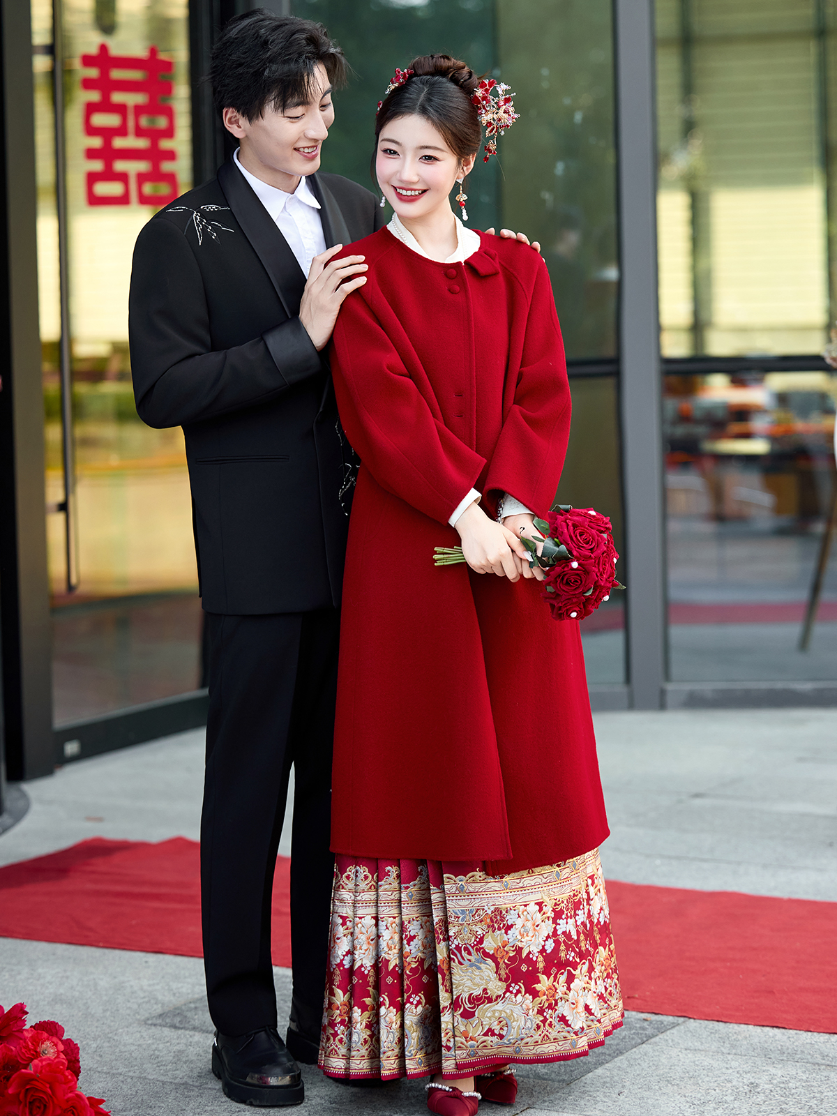 加厚小个子中式气质大衣红色订婚中长款新娘结婚毛呢外套出阁婚服