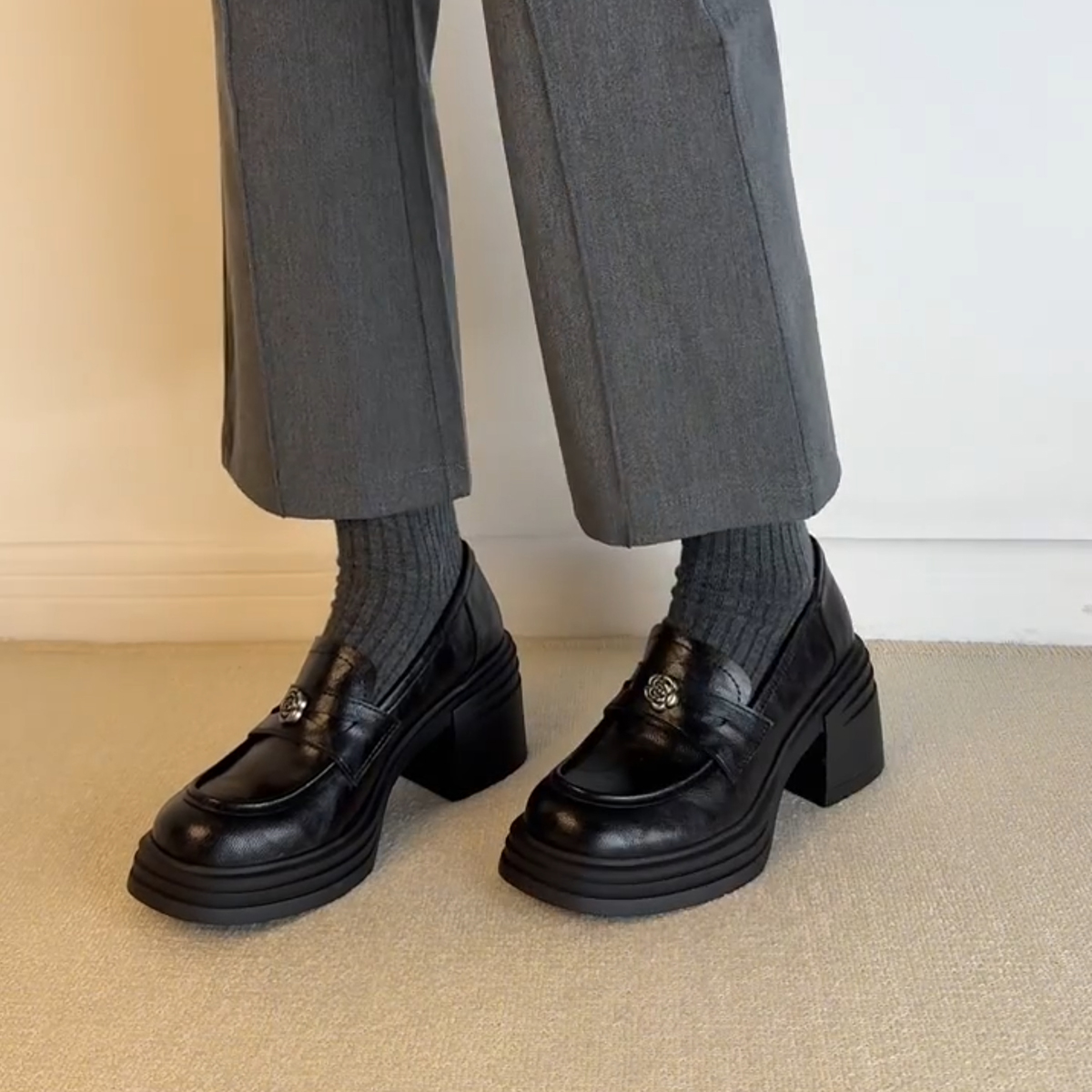 森唔~山茶花乐福鞋女圆头厚底增高jk小皮鞋复古风真皮高跟单鞋