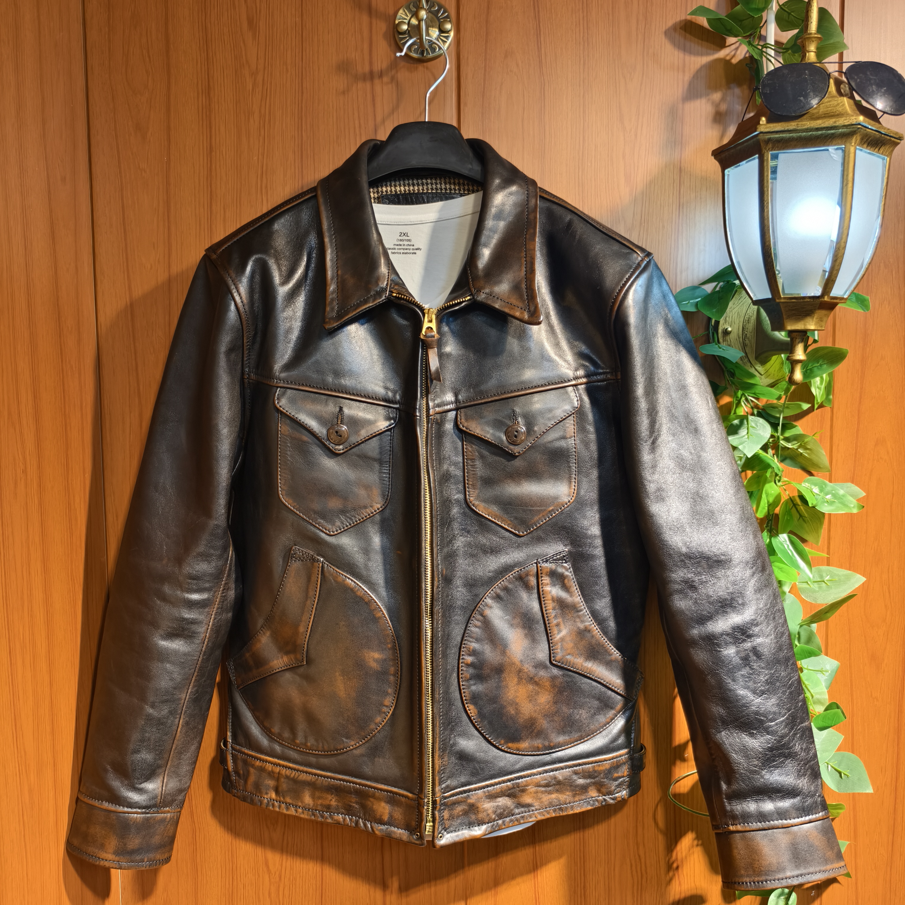 门多萨茶芯植鞣重水洗马皮农场主复古男士真皮皮夹克安欣同款休闲