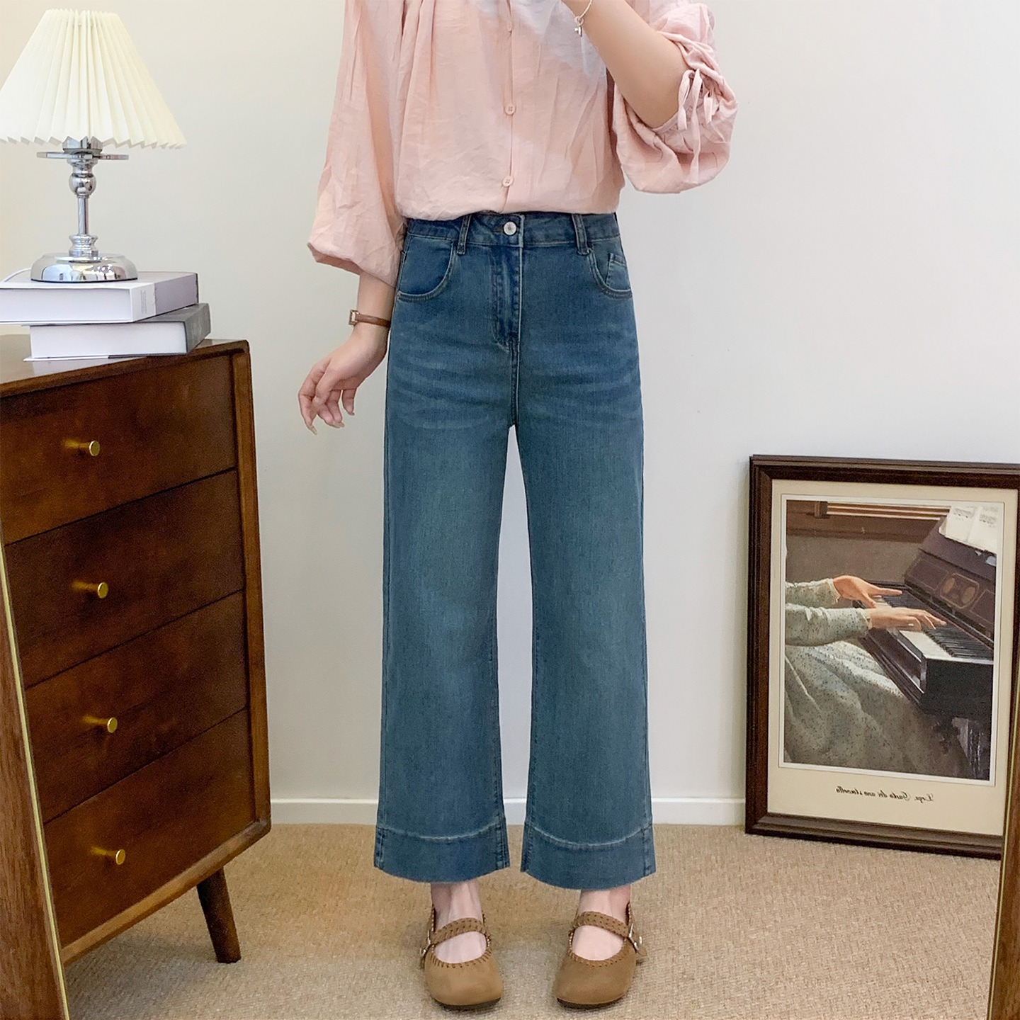 梨型身材高腰胖mm蓝色直筒牛仔裤女秋季新款大码显瘦宽松阔腿裤子