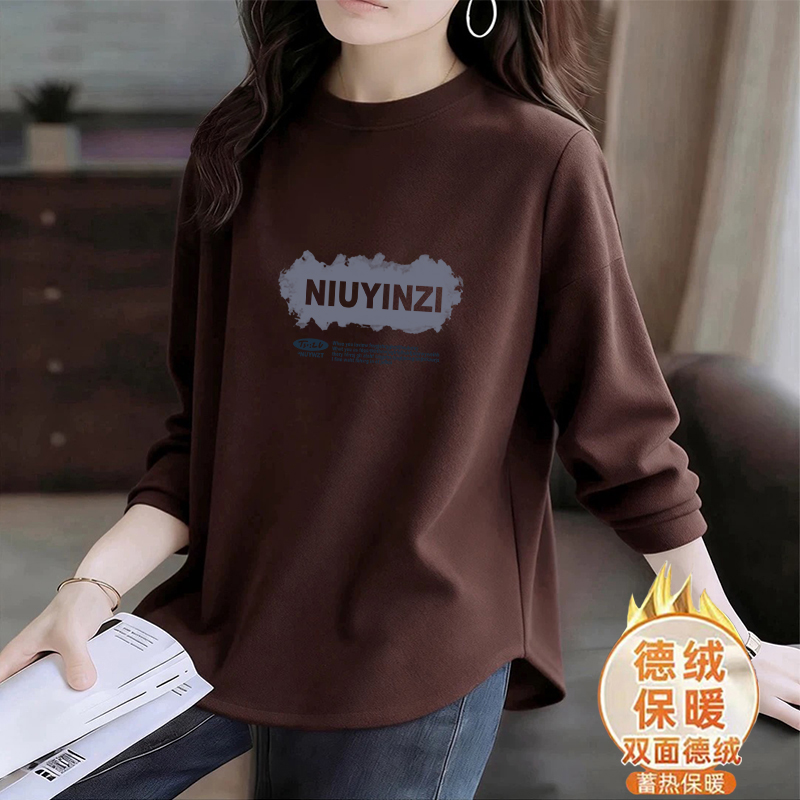 秋冬季新款双面德绒圆领打底衫女士韩版休闲宽松显瘦保暖长袖上衣