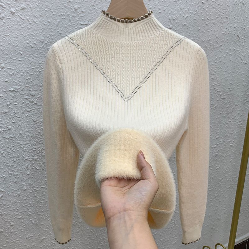 毛绒一体加绒加厚撞色针织衫外穿内搭上衣保暖一衣三穿抗寒预风