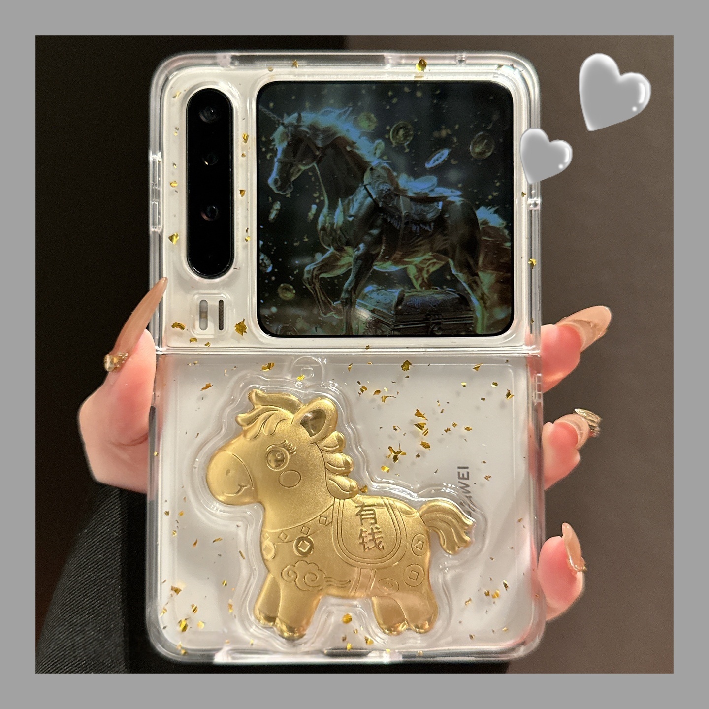 适用于华为purax典藏版折叠屏手机壳滴胶可爱金色有钱马轻奢翻盖