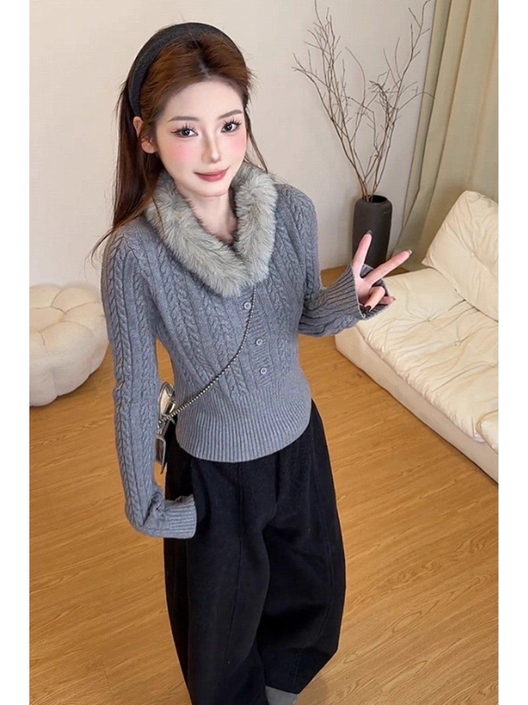 韩系可拆卸毛领针织毛衣女2025秋冬季短款收腰显瘦打底衫百搭上衣