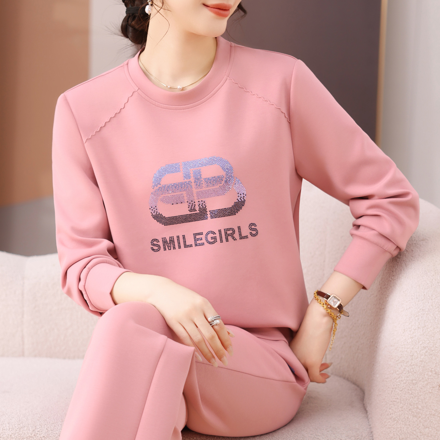 运动套装女春秋2025新款妈妈圆领长袖卫衣宽松时尚气质休闲两件套