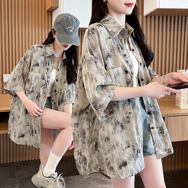 美式潮牌短袖衬衫女夏季中长新款宽松减龄洋气复古扎染学院风上衣