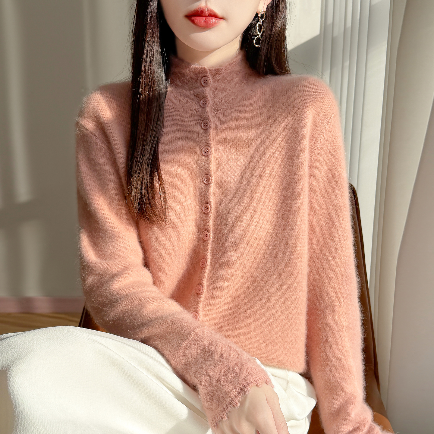 100纯羊毛衫复古钩花半高领纽扣加厚针织开衫女秋冬软糯毛衣外套