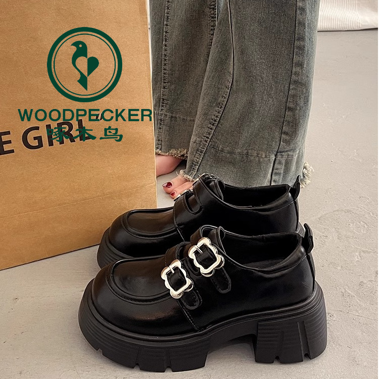 啄木鸟法式百搭黑色厚底增高小皮鞋女2025新款春秋季玛丽珍乐福鞋