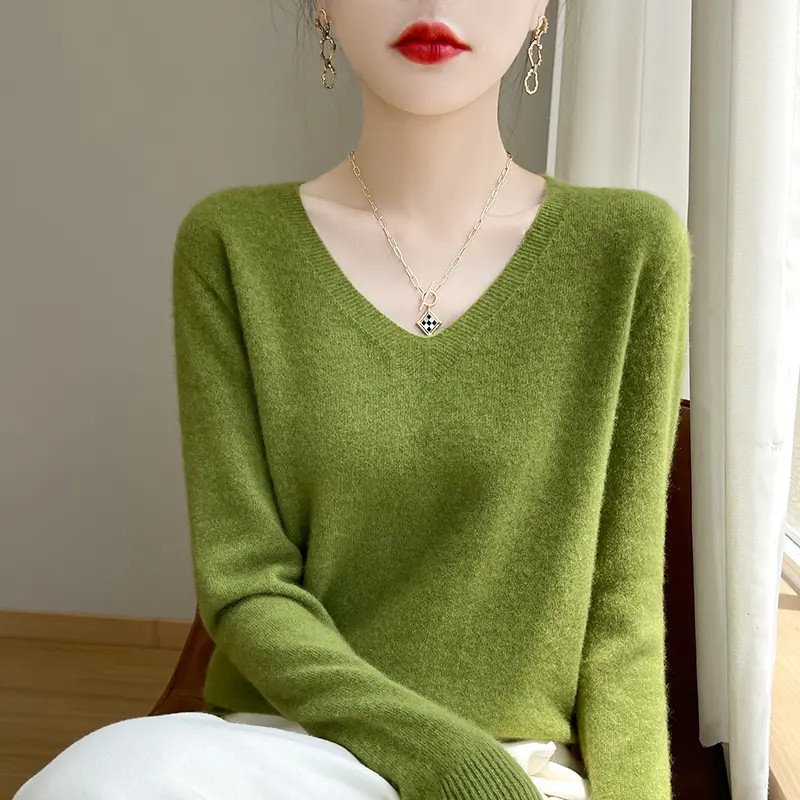 【正品撤柜一线成衣羊毛衫】秋冬新款V领针织打底衫纯色套头毛衣