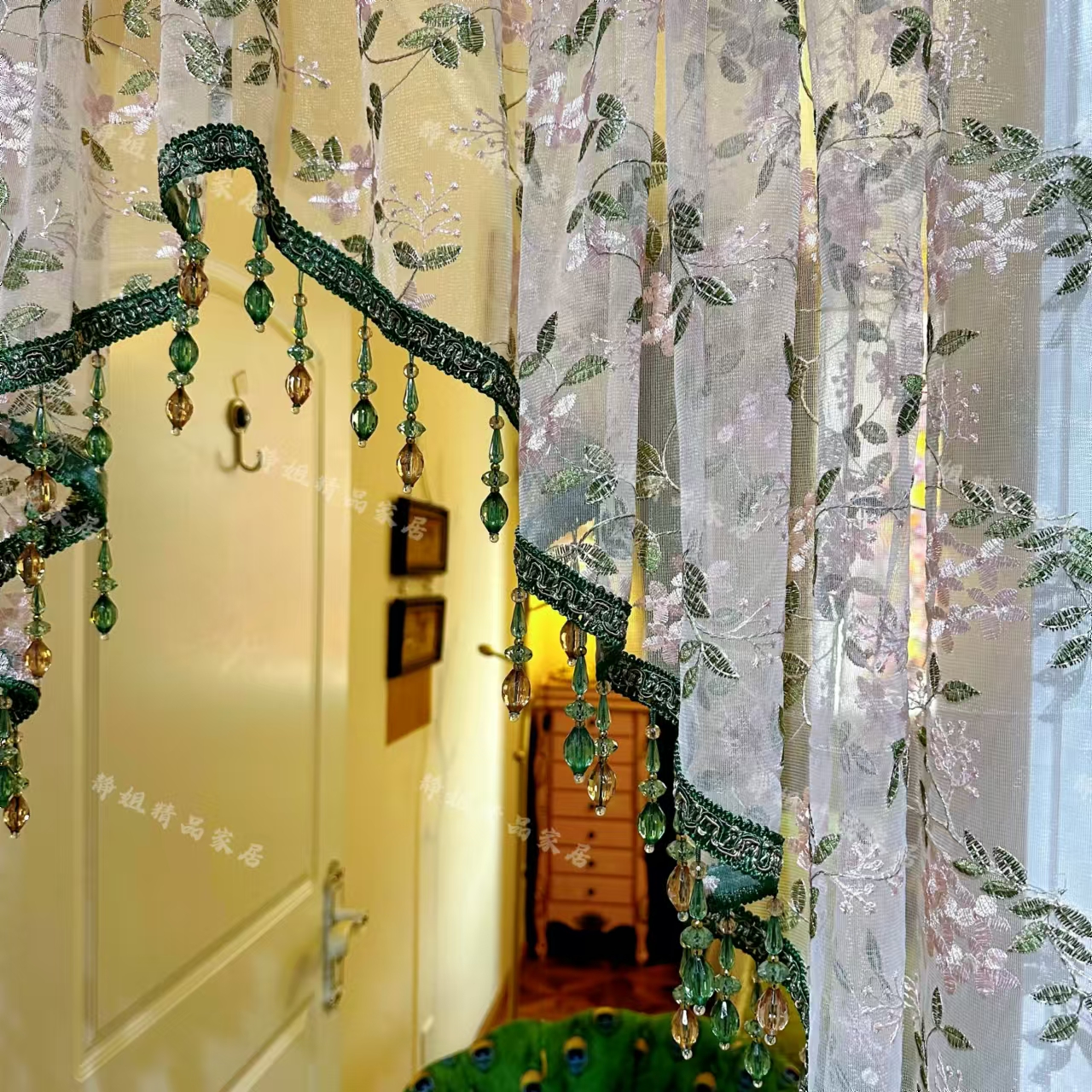 轻奢绿韵流苏边碎免打孔安装隔断门帘纱帘蕾丝布艺卧室厨房隔断