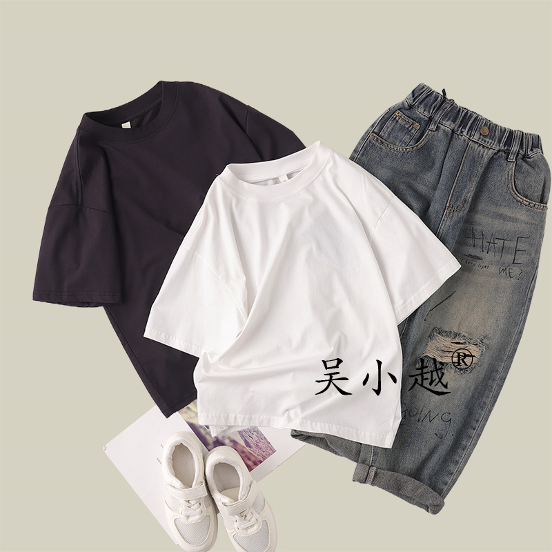 吴小越w1318男童夏款韩版宽松纯色光板棉t恤短袖中大童打底衫