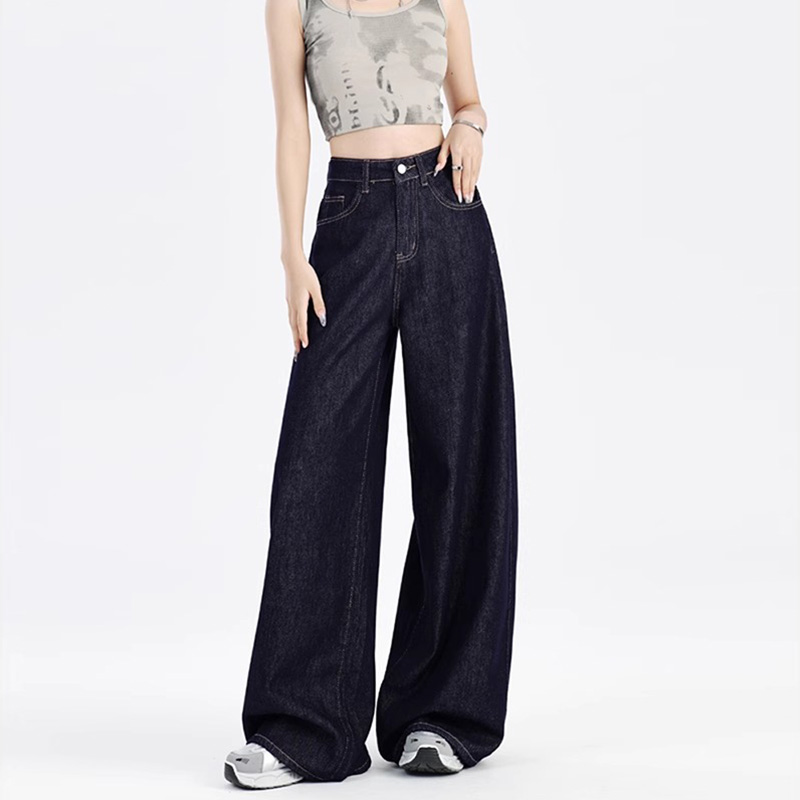 丹宁深蓝阔腿牛仔裤子女胖mm大码显瘦梨型身材高腰宽松垂感慵懒风