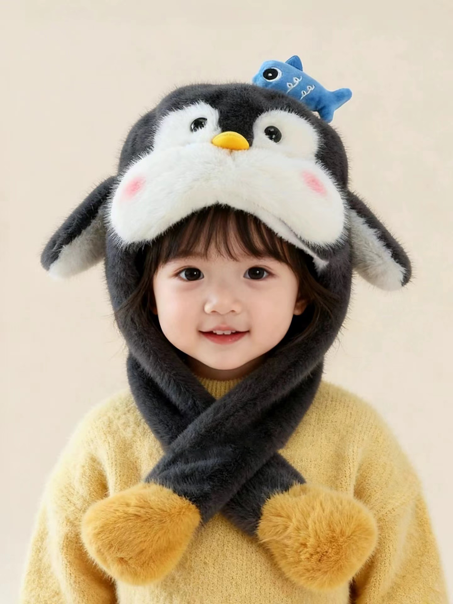 儿童帽子冬加厚男女童帽子围巾一体防风护耳包头帽捏捏会响企鹅帽