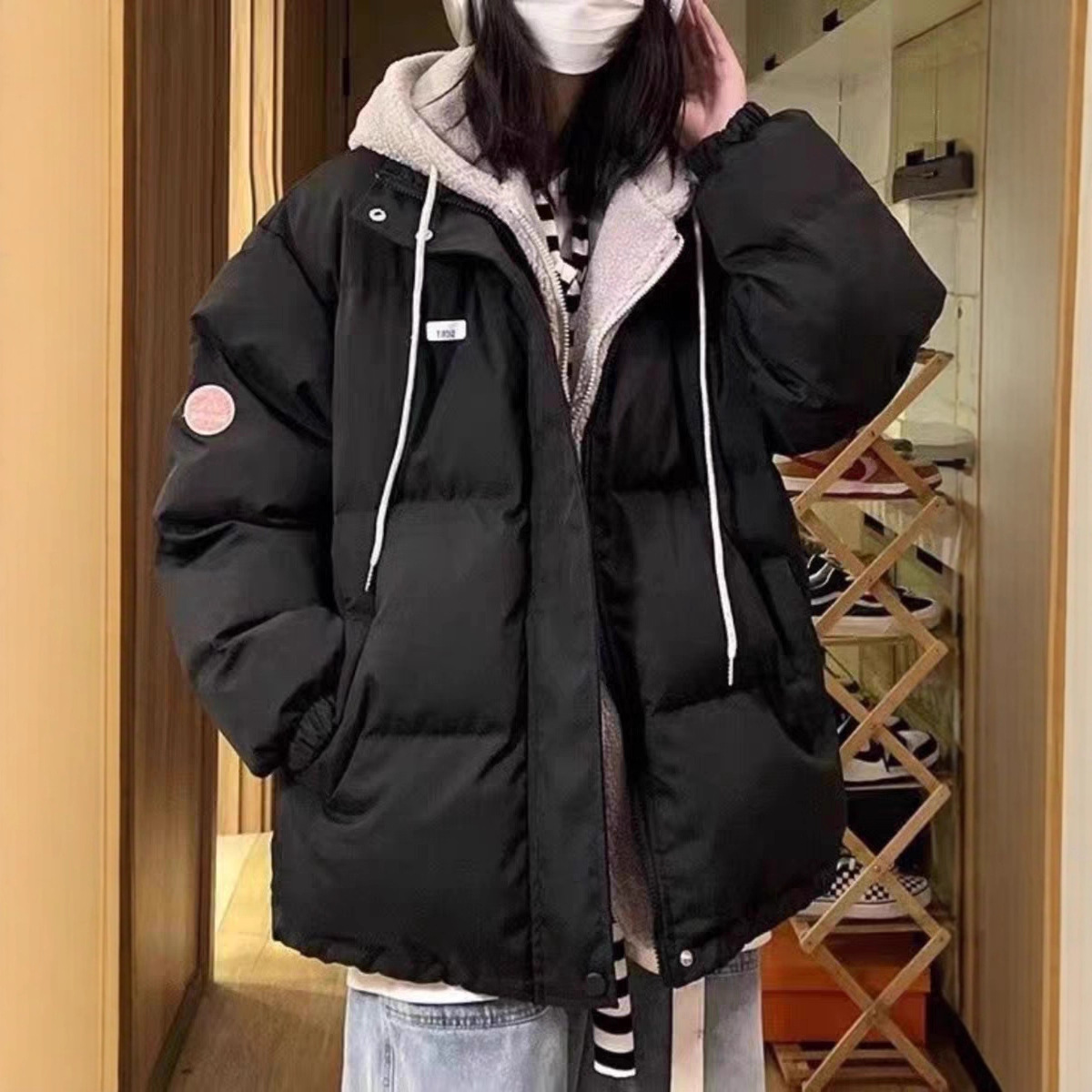 假两件羽绒棉服女冬季2025新款韩系宽松冬装羊羔毛外套女加绒加厚