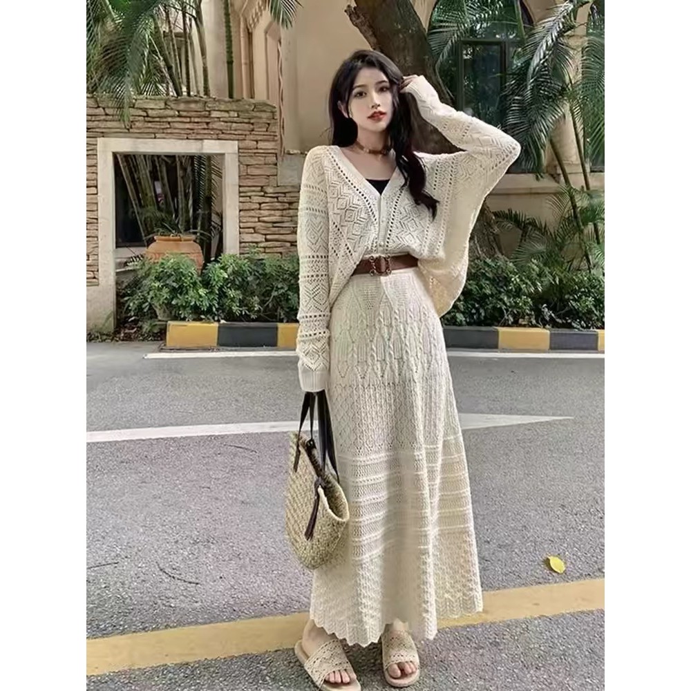 法式高级镂空钩花针织开衫外套女春高腰半身裙子气质时尚套装