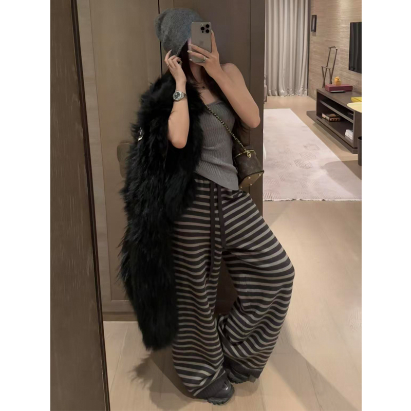 裤长110cm高个子加长条纹针织裤宽松bf慵懒风高腰抽绳长裤女秋冬