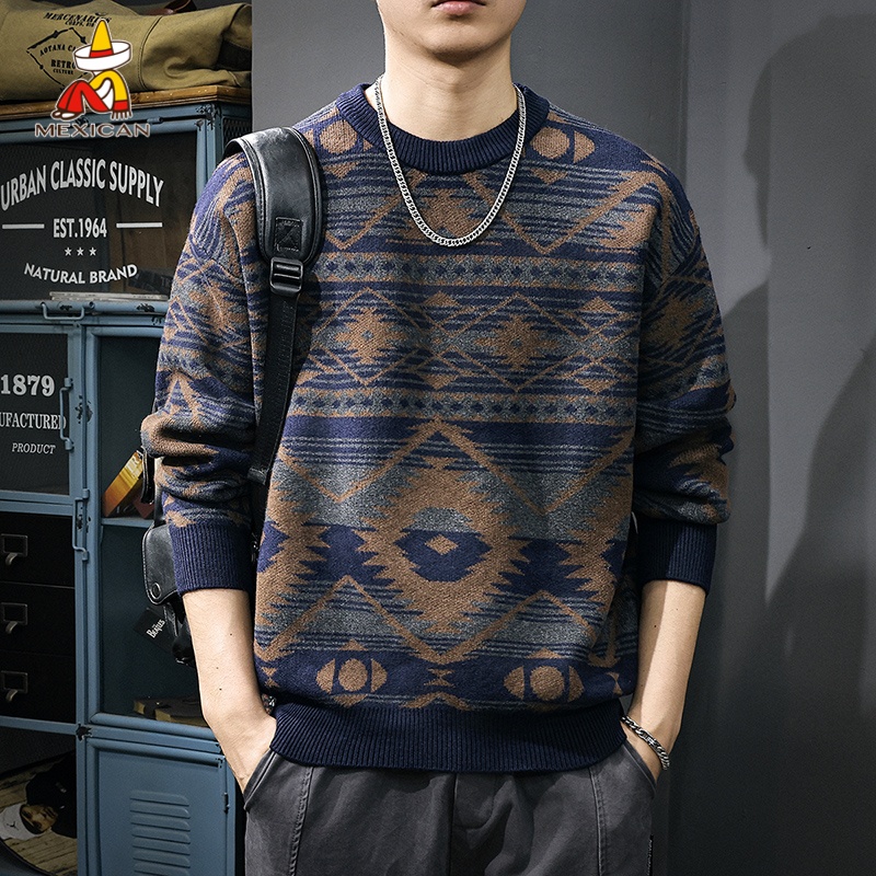 Mexican/稻草人秋冬复古慵懒感毛衣男款宽松休闲男士百搭针织衫潮
